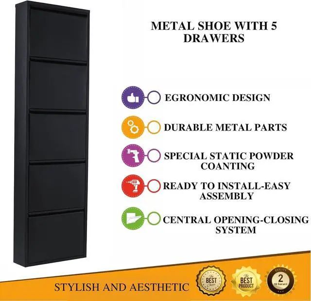 Alt view image 5 of 5 - Flip Drawer Shoe Cabinet, Storage Organizer, Freestanding Shoe Rack, Wall Mounted No-Assembly (Black, 5 Drawer)