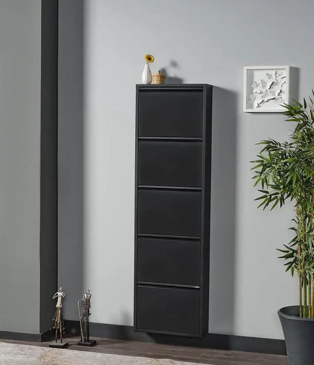Alt view image 4 of 5 - Flip Drawer Shoe Cabinet, Storage Organizer, Freestanding Shoe Rack, Wall Mounted No-Assembly (Black, 5 Drawer)