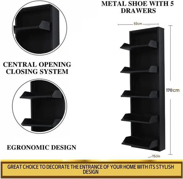 Alt view image 3 of 5 - Flip Drawer Shoe Cabinet, Storage Organizer, Freestanding Shoe Rack, Wall Mounted No-Assembly (Black, 5 Drawer)