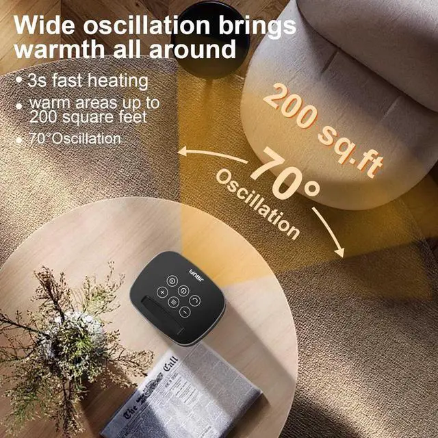 Alt view image 4 of 7 - Small Portable Space Heater for Indoor Use - with 70°Rotating Feature, JIBUFI 1500W PTC Electric Heater, Rapid and Safe Heating, Remote Control, 1-12 Hr Timer for Bedroom, Office, ent.