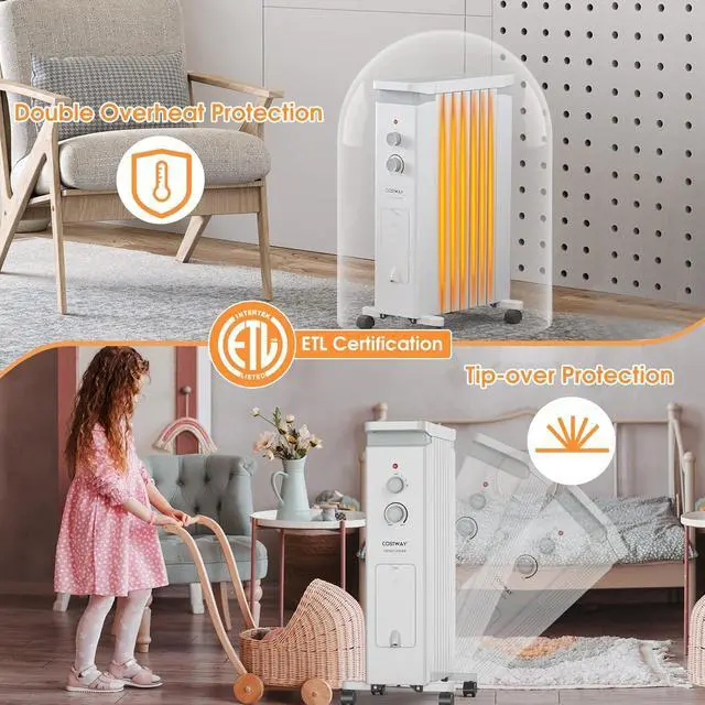 Alt view image 3 of 7 - COSTWAY Oil Filled Radiator Heater, 1500W Portable Space Heater with 3 Heat Setting, Built-in Thermostat and Humidification Box, Energy-Saving Quiet Electric Heater for Home Office Indoor (White)
