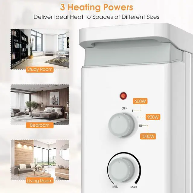Alt view image 5 of 7 - COSTWAY Oil Filled Radiator Heater, 1500W Portable Space Heater with 3 Heat Setting, Built-in Thermostat and Humidification Box, Energy-Saving Quiet Electric Heater for Home Office Indoor (White)
