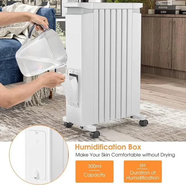 Alt view image 7 of 7 - COSTWAY Oil Filled Radiator Heater, 1500W Portable Space Heater with 3 Heat Setting, Built-in Thermostat and Humidification Box, Energy-Saving Quiet Electric Heater for Home Office Indoor (White)