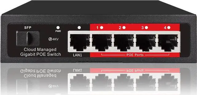 Main image of Poe Switch, 5 Port Gigabit PoE+ Switch, Cloud Managed Gigabit Ethernet Switch, 4 Poe Ports @52W, 1 Uplink Ports, 1 SFP Slot, APP Smart Managed, Overload Protection w/ Port