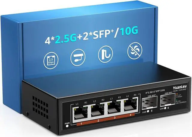 Main image of 6 Port 2.5G Umanaged Ethernet Switch, 4 x 2.5G Base-T Ports, 2 x 10G SFP, Compatible with 100/1000/2500Mbps, Metal Fanless, Desktop/Wall Mount YuanLey 2.5Gbe Network Switch for Wireless AP, NAS, PC