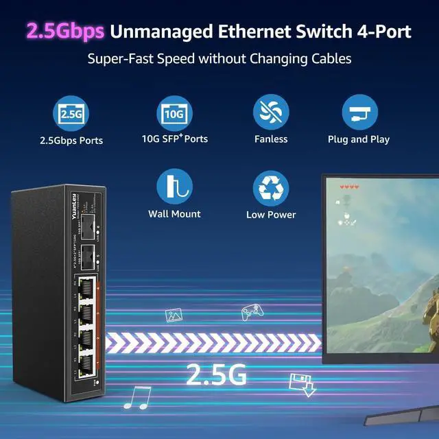 Alt view image 2 of 7 - 6 Port 2.5G Umanaged Ethernet Switch, 4 x 2.5G Base-T Ports, 2 x 10G SFP, Compatible with 100/1000/2500Mbps, Metal Fanless, Desktop/Wall Mount YuanLey 2.5Gbe Network Switch for Wireless AP, NAS, PC