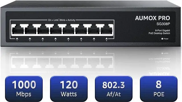 Main image of 8 Port PoE Switch Gigabit 120W, Gigabit Unmanaged Ethernet Switch, Plug & Play, 802.3af/at Compliant, Metal Housing, 8-Port Network Switch for Home/Office Energy Efficient Silent Operation