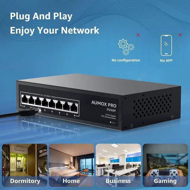 Alt view image 7 of 7 - 8 Port PoE Switch Gigabit 120W, Gigabit Unmanaged Ethernet Switch, Plug & Play, 802.3af/at Compliant, Metal Housing, 8-Port Network Switch for Home/Office Energy Efficient Silent Operation