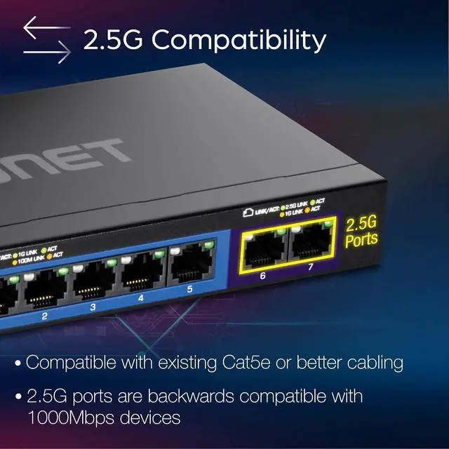 Alt view image 3 of 7 - TRENDnet 7-Port Multi-Gig Gaming Switch, TEG-S327, 5 x 1G RJ-45 Base-T Ports, 2 x 2.5G RJ-45 Ports, 20Gbps Switching Capacity, Wall Mountable, Plug & Play, Lifetime Protection, Black