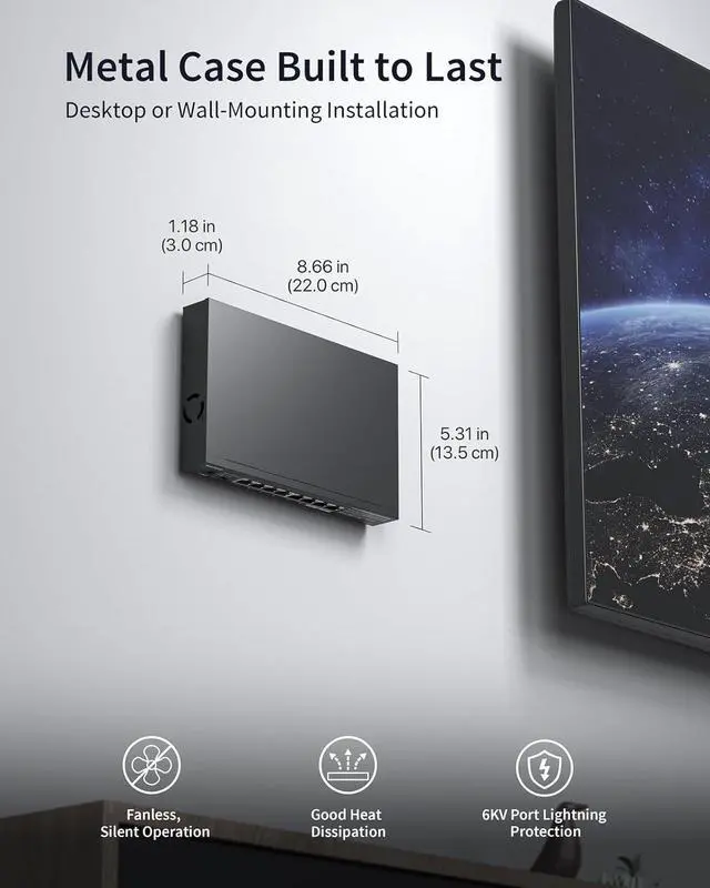 Alt view image 6 of 6 - 8-Port 2.5G Ethernet Switch Multi-Gigabit Unmanaged Network Switch 2.5Gb Switch Supports Static Link Aggregation & VLAN, Ethernet Hub Fanless, Desktop Wall Mount, Limited Lifetime Protection