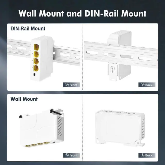 Alt view image 5 of 7 - Binardat Gigabit PoE Passthrough Switch, 1 PoE in 3 PoE Out Extender, IEEE802.3af/at PoE Powered, 10/100/1000Mbps Ethernet, din-Rail & Wall Mount