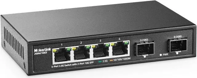 Main image of MokerLink 4 Port 2.5G Ethernet Switch with 2x10G SFP, 4 x 2.5G Base-T Ports Compatible with 10/100/1000Mbps, Metal Unmanaged Fanless Network Switch