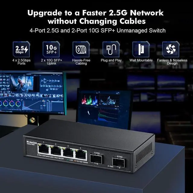 Alt view image 2 of 7 - MokerLink 4 Port 2.5G Ethernet Switch with 2x10G SFP, 4 x 2.5G Base-T Ports Compatible with 10/100/1000Mbps, Metal Unmanaged Fanless Network Switch
