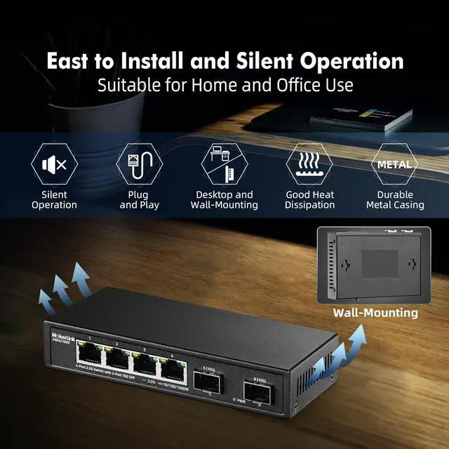 Alt view image 6 of 7 - MokerLink 4 Port 2.5G Ethernet Switch with 2x10G SFP, 4 x 2.5G Base-T Ports Compatible with 10/100/1000Mbps, Metal Unmanaged Fanless Network Switch