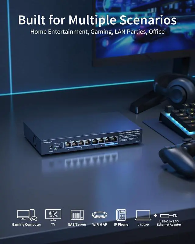 Alt view image 3 of 6 - 8-Port 2.5G Ethernet Switch Multi-Gigabit Unmanaged Network Switch 2.5Gb Switch Supports Static Link Aggregation & VLAN, Ethernet Hub Fanless, Desktop Wall Mount, Limited Lifetime Protection