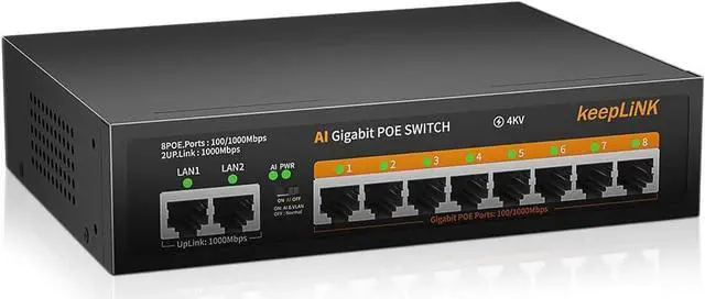 Main image of keepLiNK 8 Port Gigabit PoE Switch with 2 Gigabit Uplink, 135W Built-in Power Supply, 802.3AF/at Compliant, Desktop or Wall Mount, Ethernet Network Switch Unmanaged
