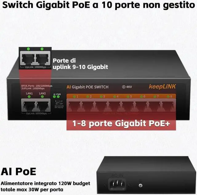 Alt view image 2 of 7 - keepLiNK 8 Port Gigabit PoE Switch with 2 Gigabit Uplink, 135W Built-in Power Supply, 802.3AF/at Compliant, Desktop or Wall Mount, Ethernet Network Switch Unmanaged