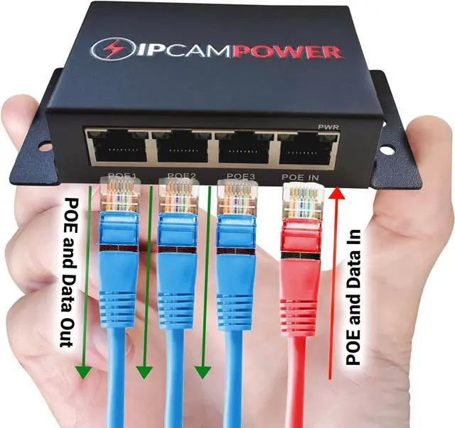 Main image of POE Powered 3 Port Switch & Network Cat5 Cat6 Midspan Cable Range Extender Pass Through Repeater for IP Cameras - Run Cables up to 1148