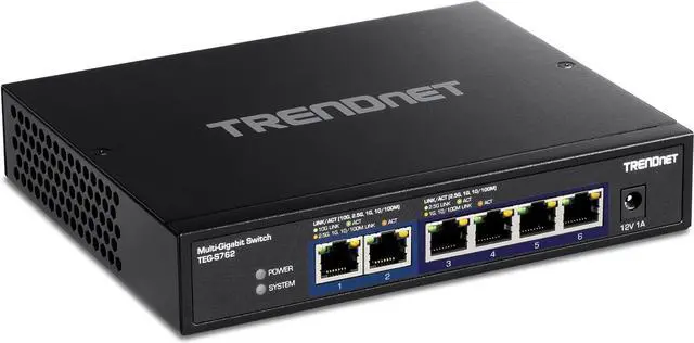 Main image of TRENDnet 6-Port 10G Switch, 4 x 2.5G RJ-45 BASE-T Ports, 2 x 10G RJ-45 Ports, 60Gbps Switching Capacity, Wall Mountable, 10 Gigabit Network Connections, Lifetime Protection, Black, TEG-S762
