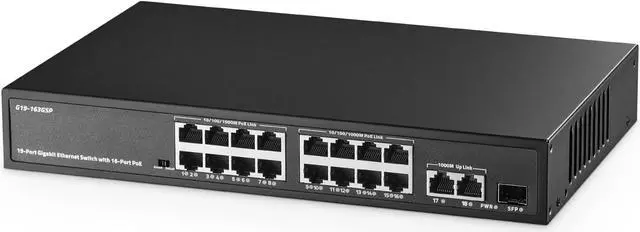 Main image of Binardat 19 Port POE Switch - 16 POE+ Ports (1000Mbps), 2 Gigabit Uplink, 1 SFP, IEEE802.3af/at, 300W Internal Power Supply, Metal Case Unmanaged Plug and Play