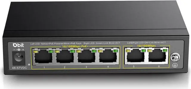 Main image of DBIT 6-Port Ethernet PoE Switch with 4 Ports PoE+, 2 Fast Ethernet Uplink, 10/100Mbps, 63W High Power, Support IEEE802.3af/at, Fanless Metal Plug & Play PoE+ Network Switch (WS1042A)
