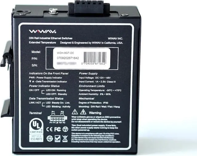 Alt view image 2 of 5 - WIWAV WDH-8GT-DC 10/100/1000Mbps Unmanaged 8-Port Gigabit Industrial Ethernet Switches with DIN Rail/Wall-Mount (UL Listed, Fanless, -30°C~75°C)