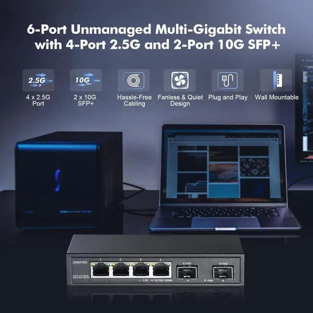 Alt view image 2 of 7 - 4 Port 2.5G Network Switch with 2x10G SFP, 2.5Gbps Network Hub Ethernet Splitter, Compatible with 100/1000/2500Mbps, Multi-Gigabit Fanless Unmanaged Metal Desktop Gaming Switch