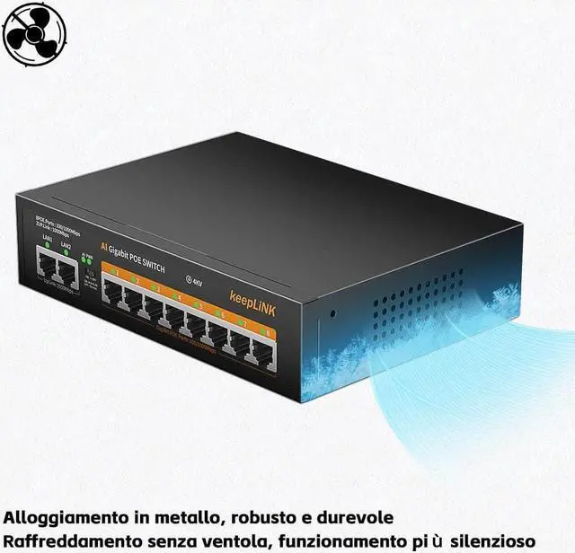 Alt view image 5 of 7 - keepLiNK 8 Port Gigabit PoE Switch with 2 Gigabit Uplink, 135W Built-in Power Supply, 802.3AF/at Compliant, Desktop or Wall Mount, Ethernet Network Switch Unmanaged