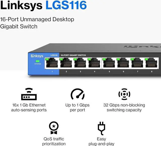Alt view image 2 of 7 - Linksys LGS116 16 Port Gigabit Unmanaged Network Switch - Home / Office Ethernet Switch Hub with Metal Housing - Wall Mount or Desktop Ethernet Splitter, Easy Plug & Play Connection