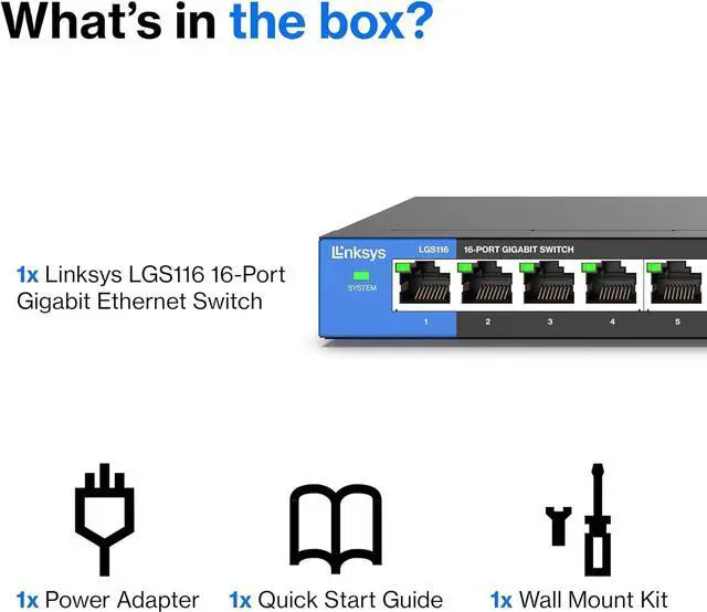Alt view image 7 of 7 - Linksys LGS116 16 Port Gigabit Unmanaged Network Switch - Home / Office Ethernet Switch Hub with Metal Housing - Wall Mount or Desktop Ethernet Splitter, Easy Plug & Play Connection