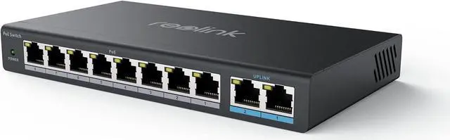 Main image of Reolink PoE Switch with 8 PoE Ports, 2 Gigabit Uplink Ports, 120W for All PoE Ports, Ideal for Reolink RLN36 NVR and Reolink PoE IP Cameras, IEEE802.3af/at, Metal Casing, Desktop/Wall Mount, RLA-PS1