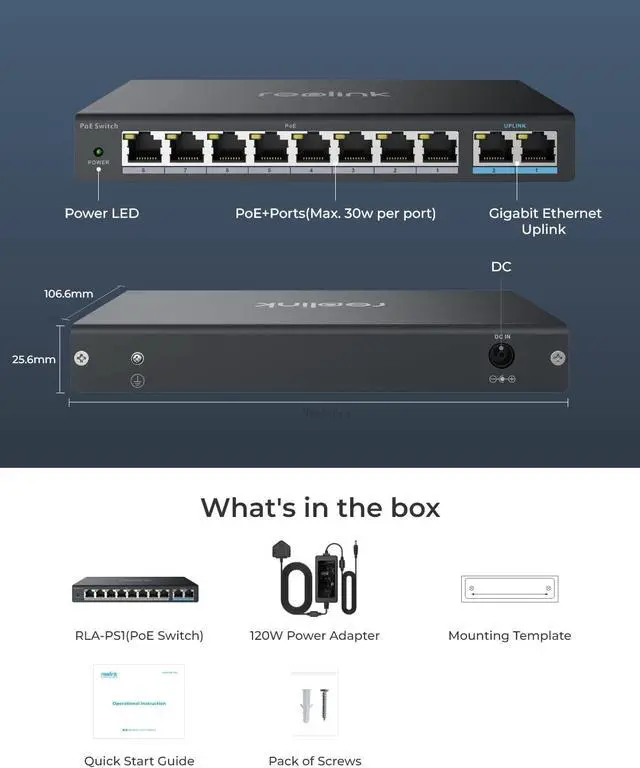 Alt view image 2 of 7 - Reolink PoE Switch with 8 PoE Ports, 2 Gigabit Uplink Ports, 120W for All PoE Ports, Ideal for Reolink RLN36 NVR and Reolink PoE IP Cameras, IEEE802.3af/at, Metal Casing, Desktop/Wall Mount, RLA-PS1