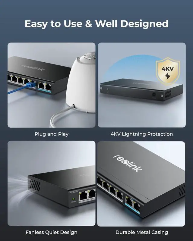 Alt view image 3 of 7 - Reolink PoE Switch with 8 PoE Ports, 2 Gigabit Uplink Ports, 120W for All PoE Ports, Ideal for Reolink RLN36 NVR and Reolink PoE IP Cameras, IEEE802.3af/at, Metal Casing, Desktop/Wall Mount, RLA-PS1