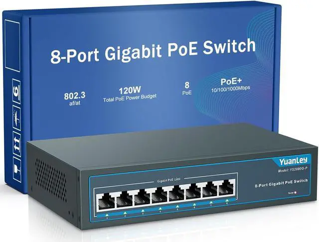 Main image of YuanLey 8 Port Gigabit PoE Switch, 8 PoE+ Ports 1000Mbps, 120W 802.3af/at, Metal Fanless Unmanaged Plug and Play