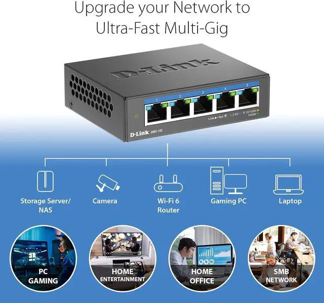 Alt view image 3 of 7 - D-Link 5-Port 2.5GB Unmanaged Gaming Switch with 5 x 2.5G - Multi-Gig, Network, Fanless, Plug & Play (DMS-105),Black