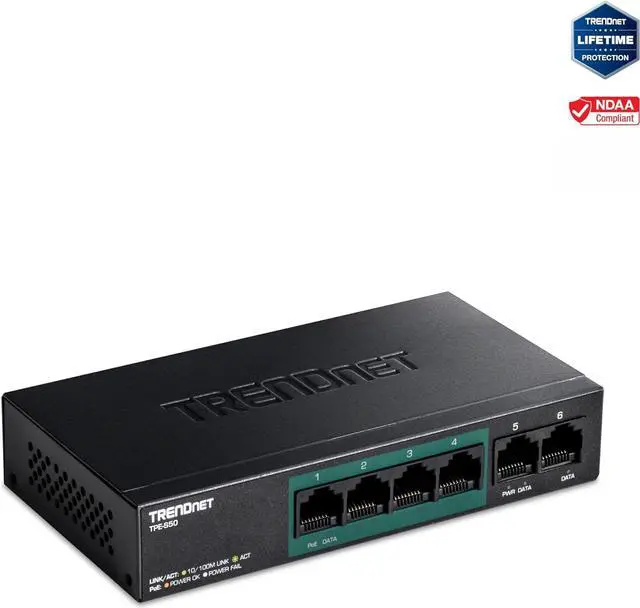 Alt view image 4 of 7 - TRENDnet 6-Port Fast Ethernet PoE+ Switch, TPE-S50, NDAA Compliant, 60W PoE Budget, 1.2 Gbps Switch Capacity, Metal, Black, Lifetime Protection