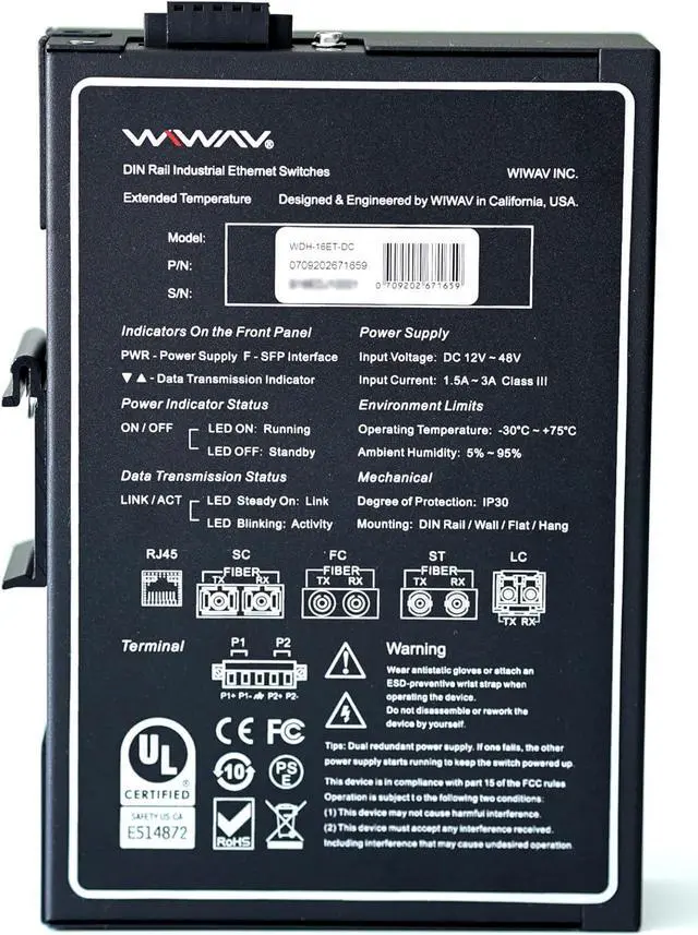 Alt view image 2 of 5 - WIWAV WDH-16ET-DC 10/100Mbps Unmanaged 16-Port Industrial Ethernet Switches with DIN Rail/Wall-Mount (UL Listed, Fanless, -30°C~75°C)
