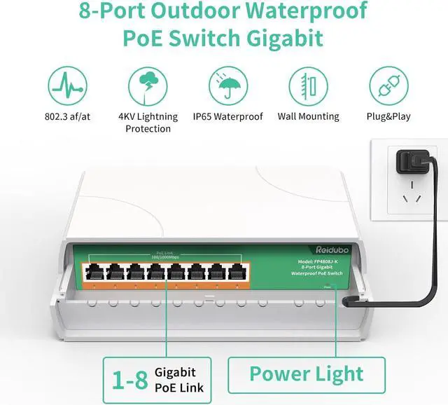 Alt view image 2 of 7 - 8 Port Gigabit PoE Switch Waterproof, 1000 Mbps 8 PoE+ Ports 120W, IEEE802.3af/at Power Over Ethernet Unmanaged Outdoor Network Switch, Plug & Play