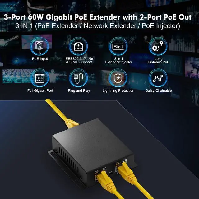 Alt view image 2 of 7 - MokerLink 3 Ports Gigabit PoE Passthrough Switch, IEEE 802.3af/at/bt Powered Max 60W, Hi-POE 90W, 100/1000Mbps, 1 in 2 Out, Wall Mount, Extender/Injector/Network Extender Three in one