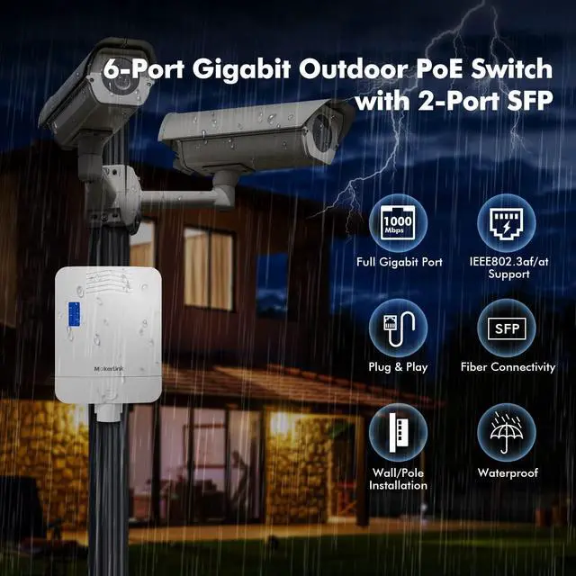 Alt view image 2 of 7 - MokerLink Outdoor 6 Port Gigabit PoE Switch, 4 Gigabit PoE, 2 Gigabit SFP, 65W IEEE802.3af/at, IP65 Weatherproof Plug & Play Network Switch