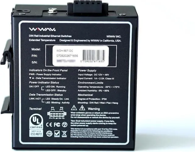 Alt view image 2 of 5 - WIWAV WDH-8ET-DC 10/100Mbps Unmanaged 8-Port Industrial Ethernet Switches with DIN Rail/Wall-Mount (UL Listed, Fanless, -30°C~75°C)