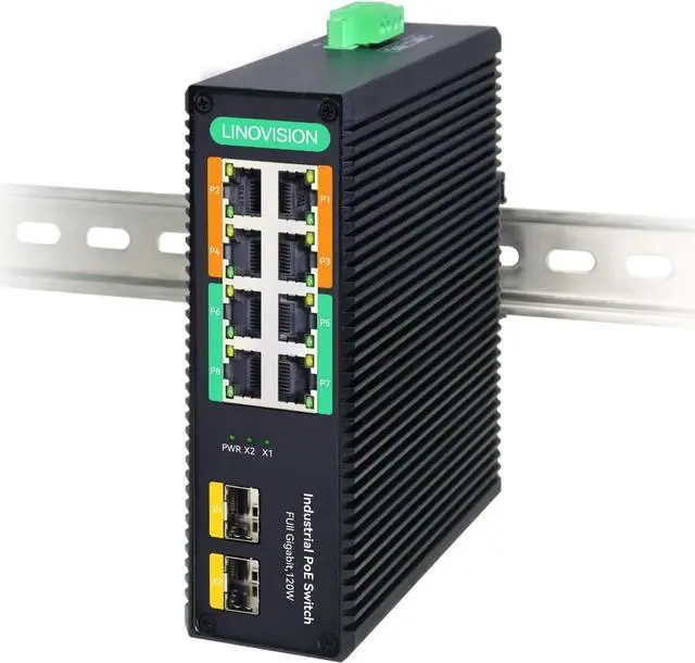 Main image of LINOVISION Industrial 8-Port Full Gigabit POE++ Switch with 4 BT 90W PoE Ports, 2 Gigabit SFP Uplinks, POE Budget 120W, POE Watchdog, DIN-Rail POE Switch for PTZ Camera/POE Lighting/ POE Monitor