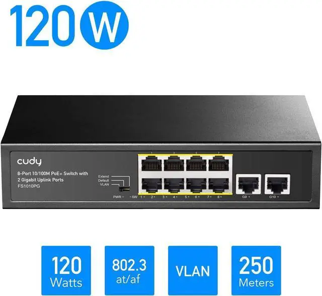 Alt view image 2 of 7 - Cudy 8 Port PoE+ Switch with 2 Gigabit Uplink Ports 120W , 8 10/100Mbps PoE+@120W, Extend/VLAN Mode, 802.3af/at Standard, Fanless, Watchdog, Plug and Play FS1010PG