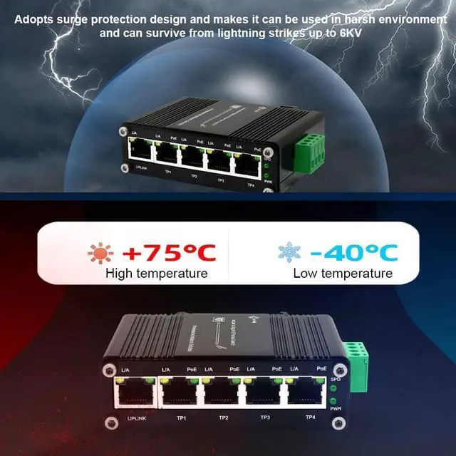 Alt view image 5 of 7 - Industrial Passive 24V 5 Ports PoE Switch, 10/100/1000Mbps, Black, DIN Rail Mount, AUTO, 12-24V Input 24V Output