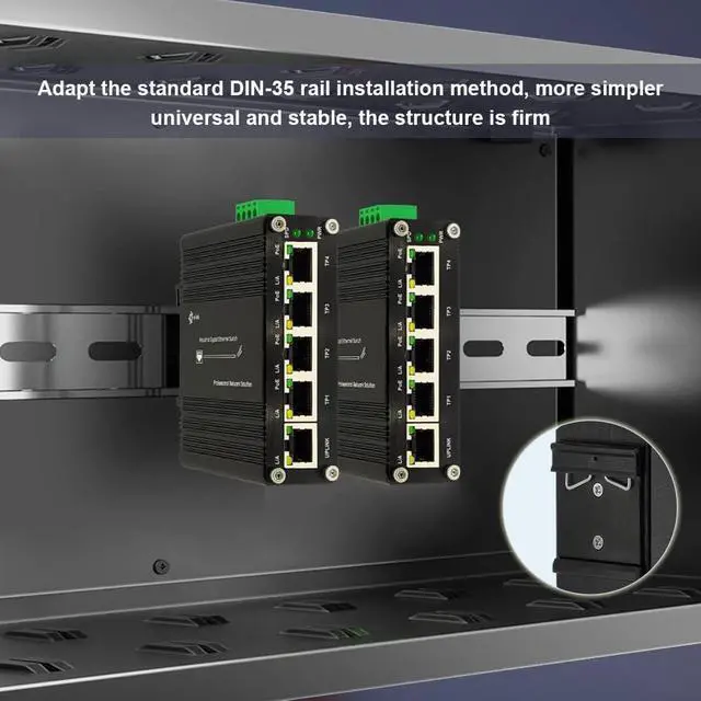 Alt view image 6 of 7 - Industrial Passive 24V 5 Ports PoE Switch, 10/100/1000Mbps, Black, DIN Rail Mount, AUTO, 12-24V Input 24V Output