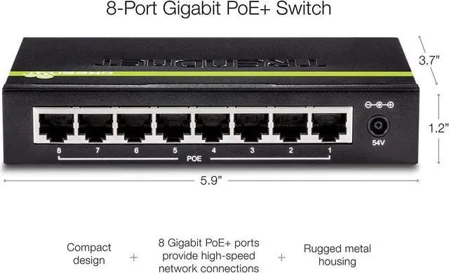 Alt view image 4 of 7 - TRENDnet 8-Port GREENnet Gigabit PoE+ Switch, Supports + Devices, 61W Budget, 16Gbps Switching Capacity, Data & Power Via Ethernet to Access Points & IP Cameras, Black, TPE-TG82G