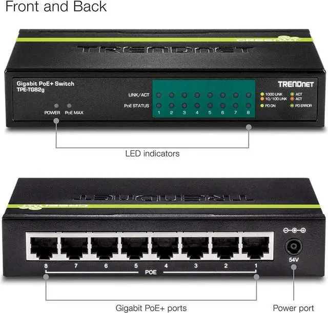 Alt view image 6 of 7 - TRENDnet 8-Port GREENnet Gigabit PoE+ Switch, Supports + Devices, 61W Budget, 16Gbps Switching Capacity, Data & Power Via Ethernet to Access Points & IP Cameras, Black, TPE-TG82G