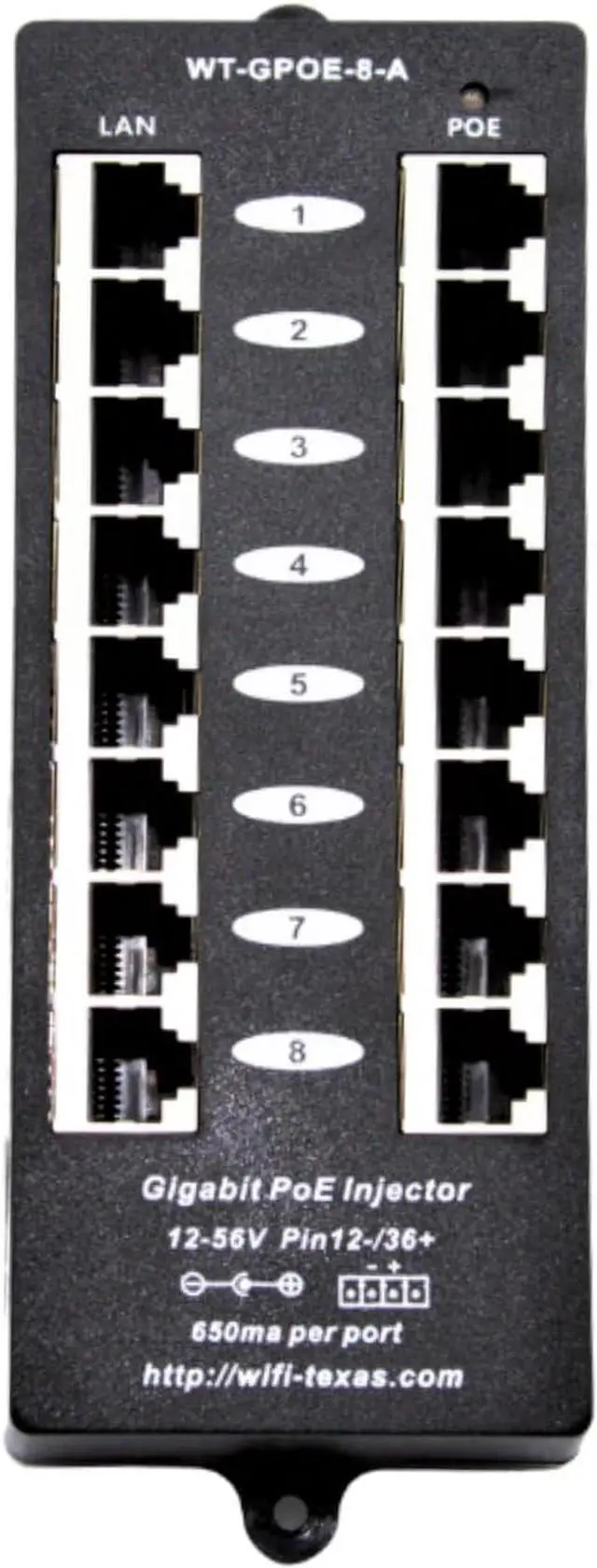 Main image of PoE Texas 8 Port PoE Injector - Gigabit Passive Power Over Ethernet Midspan - Front Wall Mount for Security Cameras, IP Phones, WiFi APs - Works with Non-PoE Switch, Includes 48v 60w Power Supply