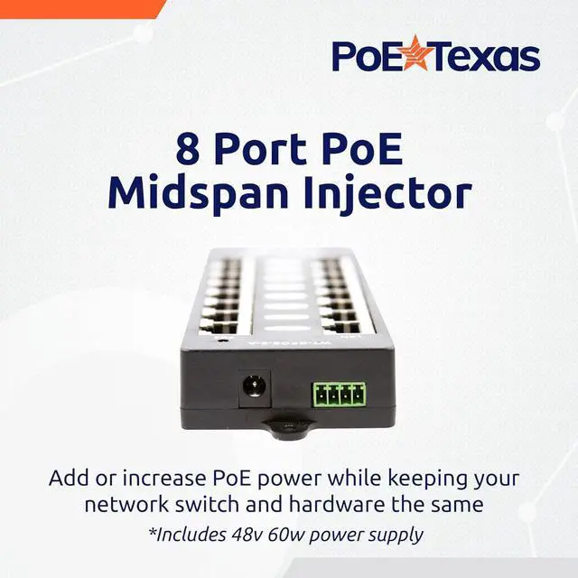 Alt view image 2 of 7 - PoE Texas 8 Port PoE Injector - Gigabit Passive Power Over Ethernet Midspan - Front Wall Mount for Security Cameras, IP Phones, WiFi APs - Works with Non-PoE Switch, Includes 48v 60w Power Supply