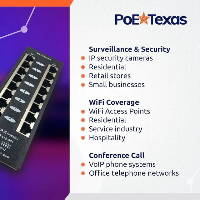 Alt view image 4 of 7 - PoE Texas 8 Port PoE Injector - Gigabit Passive Power Over Ethernet Midspan - Front Wall Mount for Security Cameras, IP Phones, WiFi APs - Works with Non-PoE Switch, Includes 48v 60w Power Supply